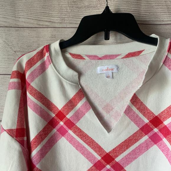 Colsie Pink and White Plaid Lounge Sweatshirt Cut V Neck Soft Size Large - Picture 6 of 10